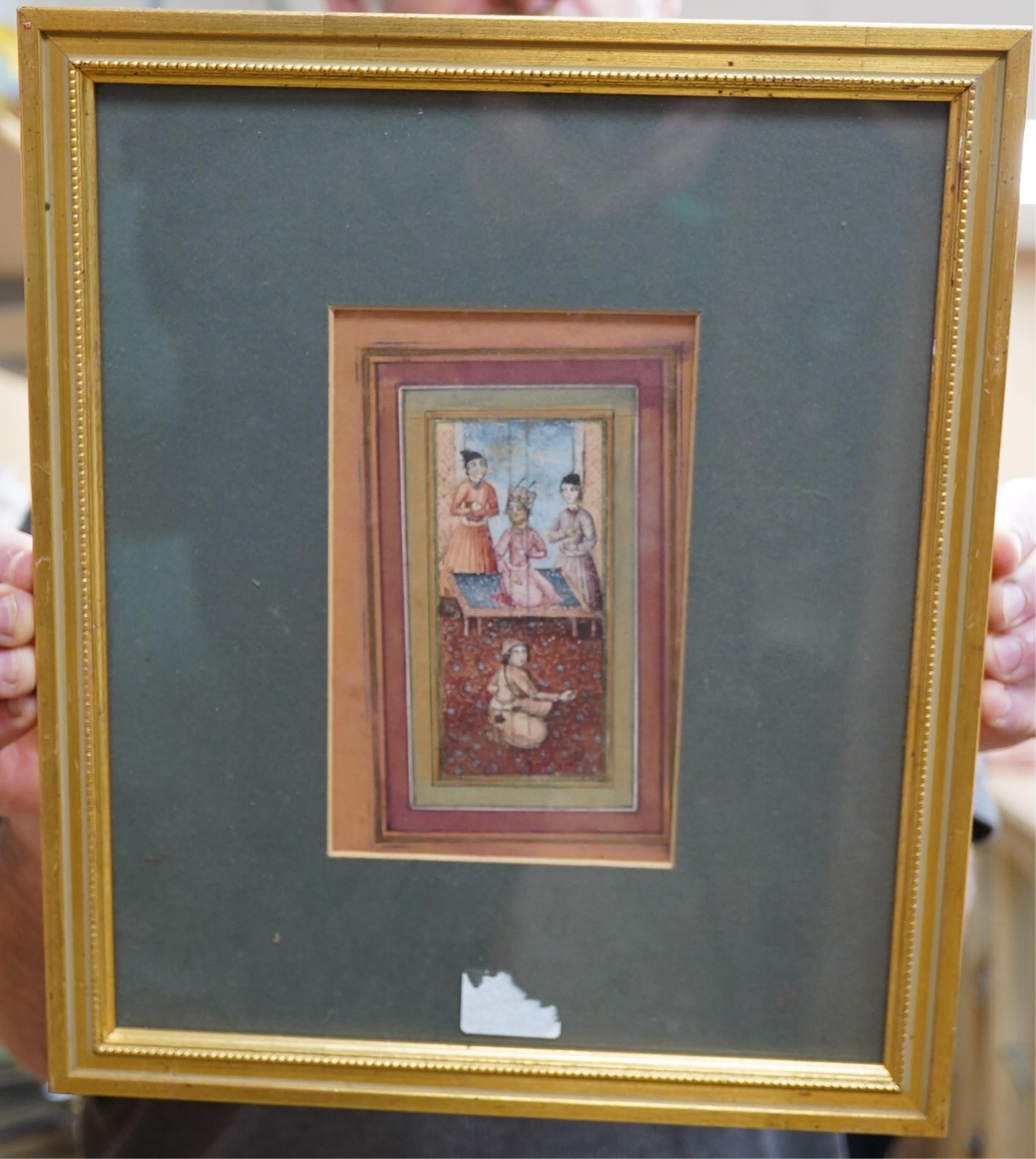 19th century Indian School in Moghul style, watercolour on card, Nobleman and attendants, 11 x 5cm, overall visible sheet 17 x 10.5cm. Condition - fair